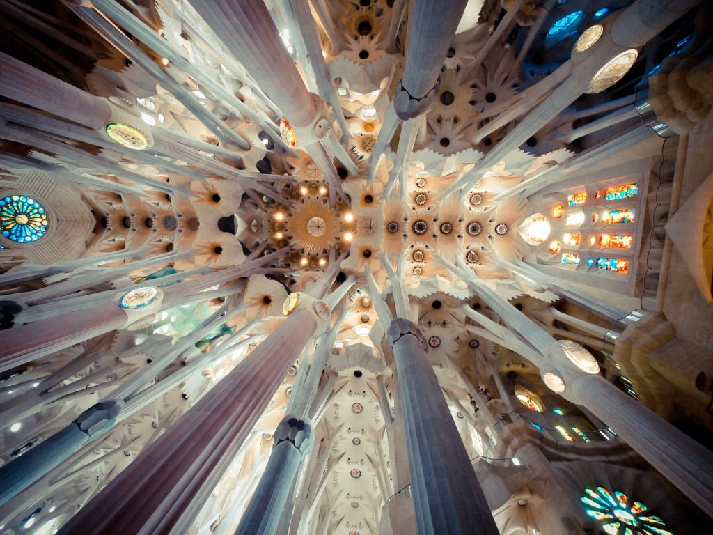 interior dome of the sagrada familia in barcelona spain