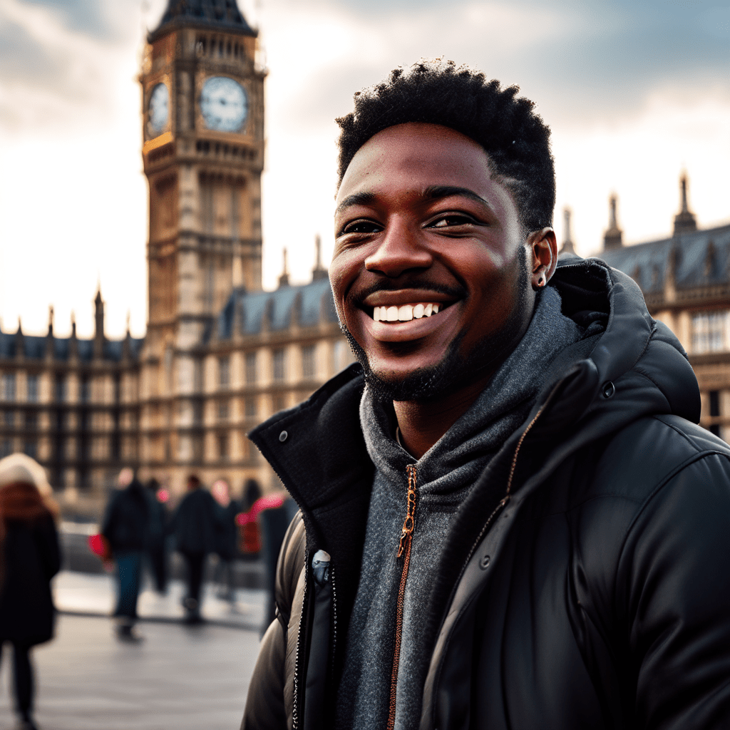a black person smiling in front of Big Ben