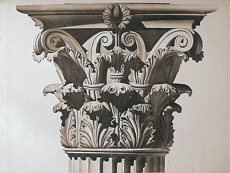 Primer plano de capitel corintio con hojas de acanto talladas