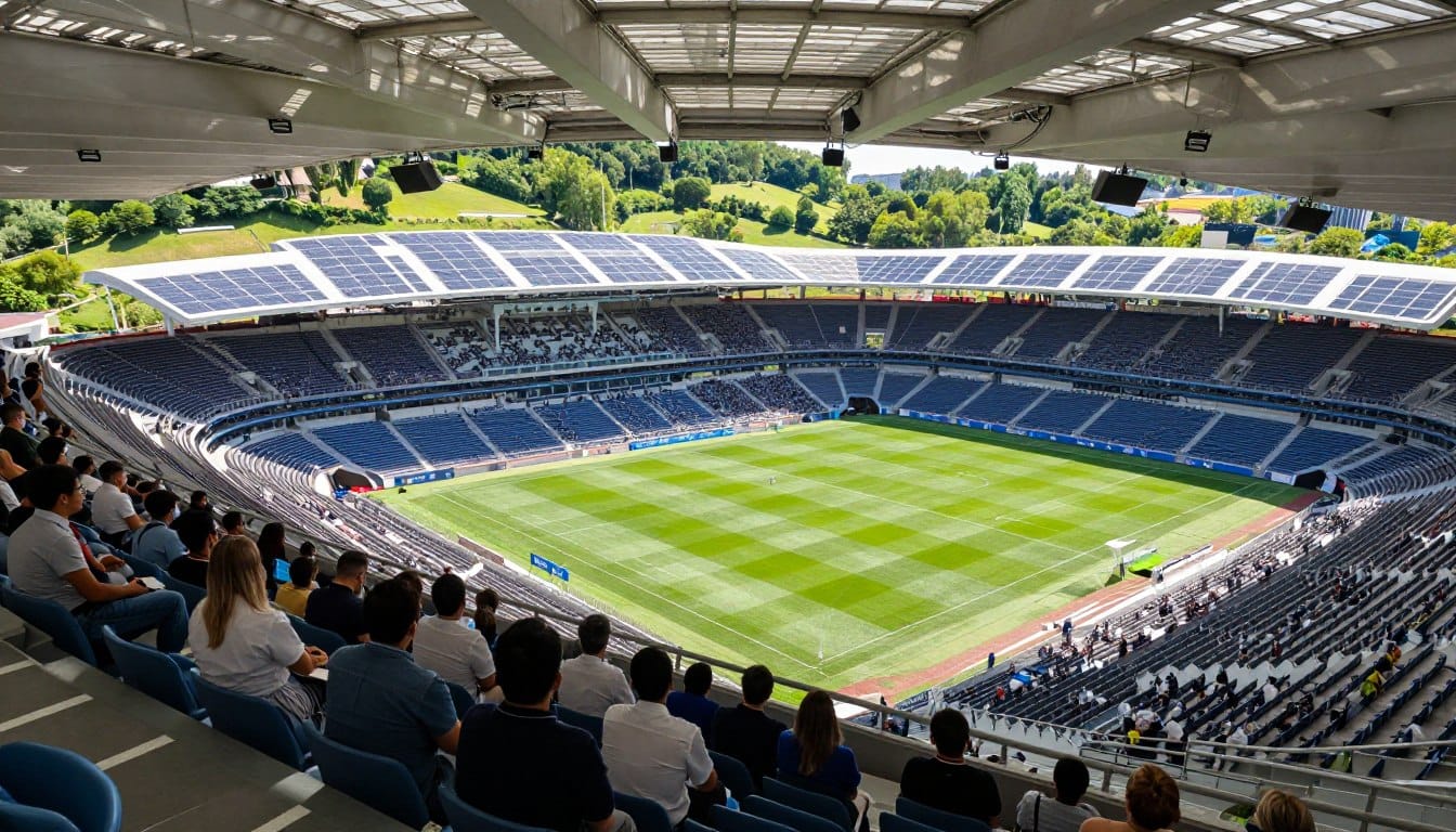 A modern stadium design showcasing innovative architectural features and functionality for the 2026 World Cup. In the foreground, illustrate sleek, futuristic seating arranged in tiers, filled with diverse spectators in professional attire, eagerly watching a match. In the middle, highlight the stadium's distinctive roof structure with large, retractable panels and solar panels integrated seamlessly, casting dynamic shadows on the audience below. In the background, incorporate lush green landscapes surrounding the stadium, enhanced by bright, natural sunlight creating a lively atmosphere. Use a wide-angle lens perspective to capture the grandeur and scale of the design, evoking excitement and anticipation for the event while emphasizing sustainability and community engagement.