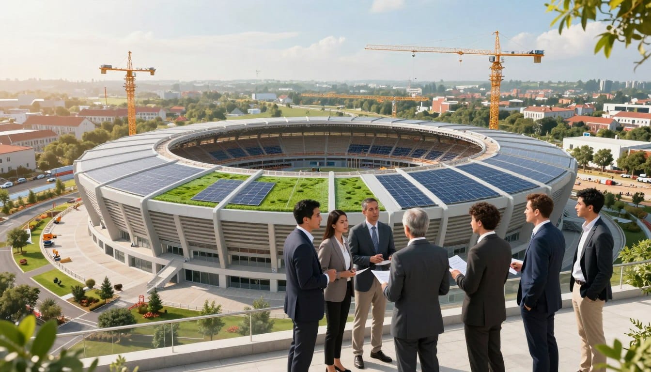 A modern stadium under construction, featuring eco-friendly architectural designs that blend with the surrounding environment. In the foreground, a diverse group of professionals in business attire discusses plans, showcasing collaboration and ethical decision-making. The middle ground highlights innovative design elements like green roofs and solar panels, symbolizing sustainability. The background contains cranes and workers, emphasizing ongoing progress while maintaining a respectful distance from nearby residential areas. The scene is bathed in warm, natural sunlight, creating an optimistic atmosphere. The angle captures the grandeur of the stadium while focusing on human interaction, reinforcing the importance of ethical considerations in modern infrastructure projects.