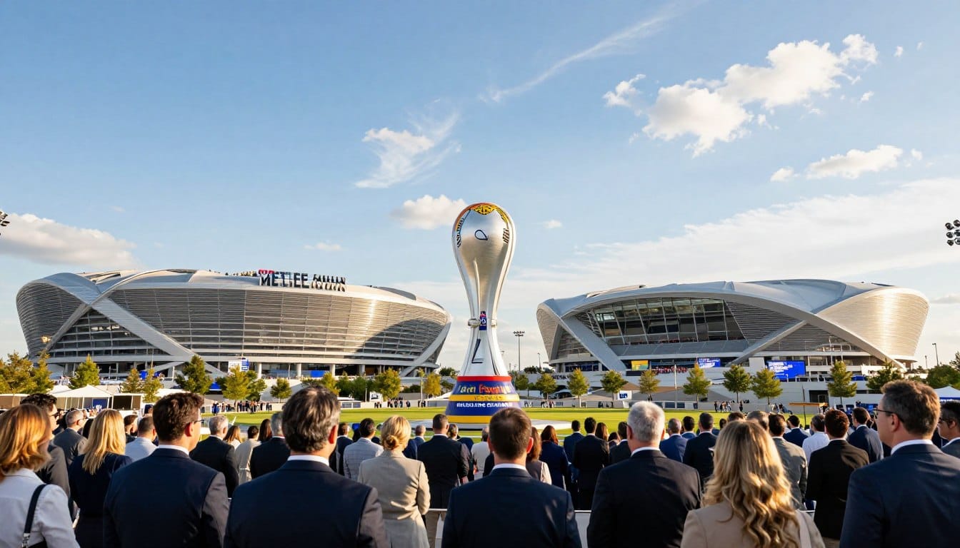 A panoramic view of iconic stadiums designed for the 2026 World Cup, showcasing a blend of innovative architecture and modern design. In the foreground, a crowd of people in professional business attire is gathered, admiring the structures. The middle ground features prominent stadiums like MetLife Stadium and Allegiant Stadium, with their unique facades glistening under bright afternoon sunlight. The background includes a clear blue sky dotted with wispy clouds, enhancing the overall brightness of the scene. The image captures the vibrancy and excitement of the upcoming event, with a warm and inviting atmosphere. Shot with a wide-angle lens, the composition emphasizes the grandeur and scale of these architectural marvels, highlighting their significance in the world of sports.