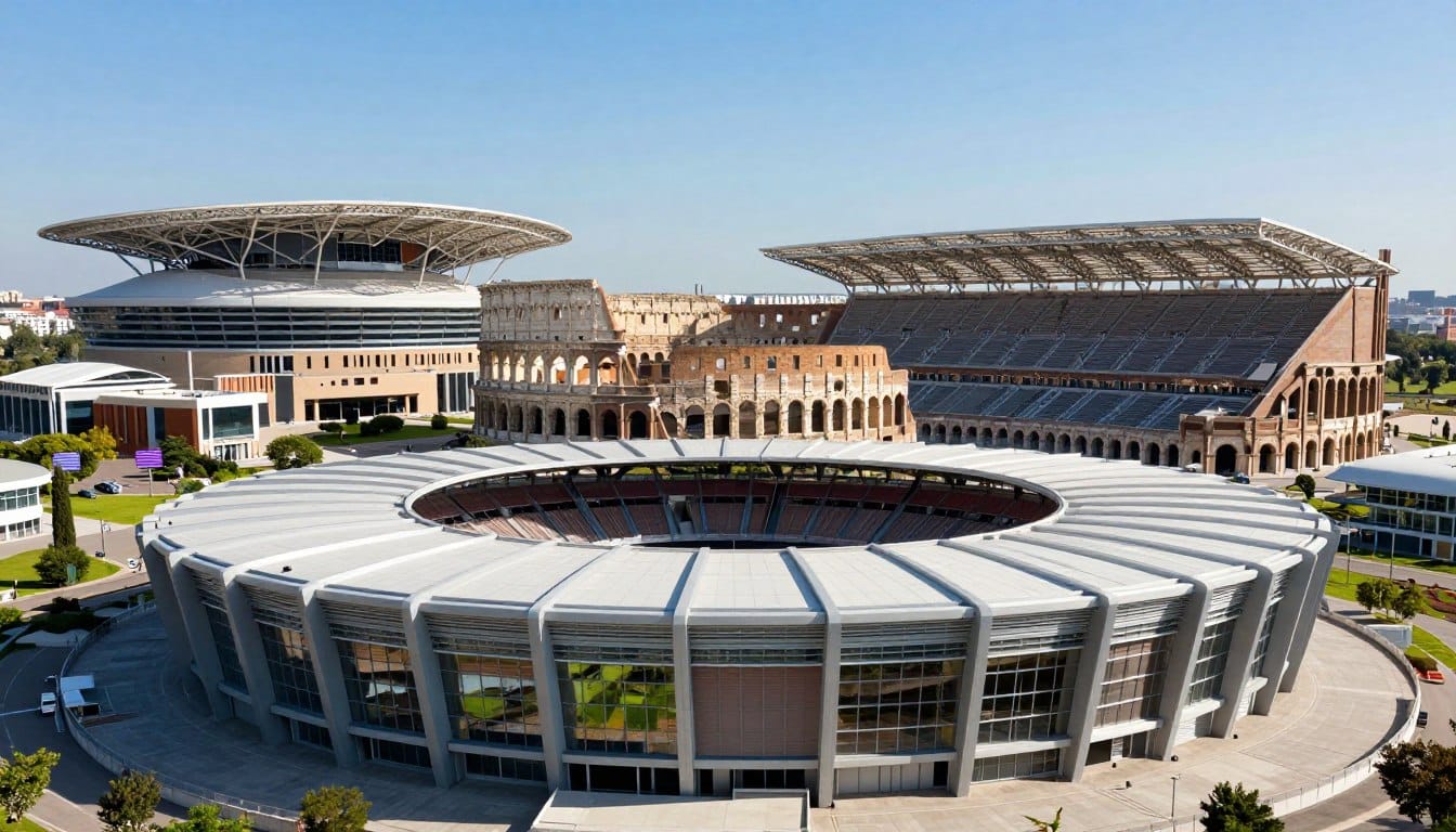 A panoramic view showcasing the evolution of stadium architecture, illustrating various iconic stadiums from different eras, seamlessly blending modern and historic designs. In the foreground, a sleek, ultra-modern stadium, with an intricate facade, large glass windows, and eco-friendly elements. The middle layer features a classic coliseum-style structure, displaying ancient architecture with arches and columns. In the background, a contemporary arena with innovative roofing and seating arrangements. The lighting is bright and vibrant, casting dynamic shadows that emphasize the shapes of the buildings. A clear blue sky enhances the optimistic mood of the scene, capturing the spirit of global sportsmanship. The perspective is slightly elevated, offering a dramatic angle that showcases the grandeur and diversity of stadium design throughout the years.