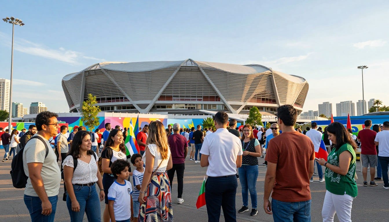 A vibrant urban scene depicting the social and cultural impacts of hosting the 2026 World Cup, focusing on a diverse group of people engaging in communal activities around a modern stadium. In the foreground, families and friends are gathered, smiling and dressed in casual yet modest attire, showcasing different cultures through their clothing and flags. The middle ground features a sleek, contemporary stadium with innovative architectural design, symbolizing unity and cultural exchange. In the background, a skyline of the host city meets a bright blue sky, with colorful murals and street performers, reflecting the celebration of diversity. Soft sunlight bathes the scene, creating a warm, inviting atmosphere. The angle captures both the vibrancy of the crowd and the grandeur of the stadium, emphasizing the profound social interactions generated by this global event.
